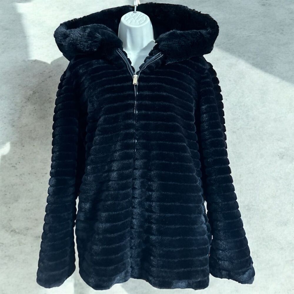 Gallery Women's Hooded Grooved Faux-Fur Jacket Black Size L